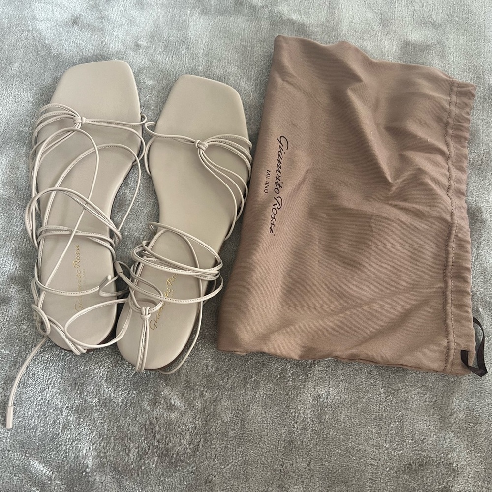 Gianvito Rossi Napa Ankle Tie Flat Sandals Beige